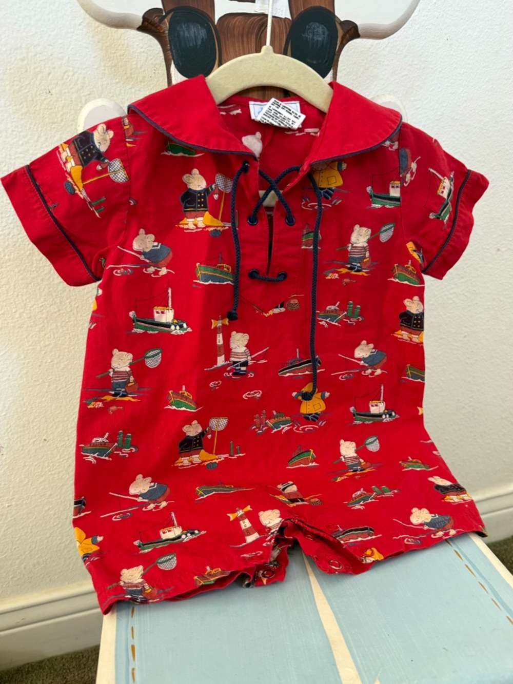 Jacadi Red Nautical Mouse Print Baby One-Piece